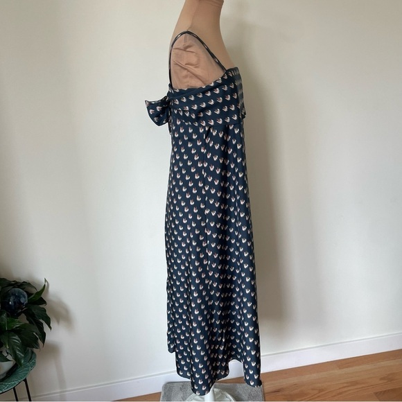 Theory Floral Ikat Print Deep Navy Blue Silk Tie Back Midi Dress EUC Size Small - Picture 7 of 11